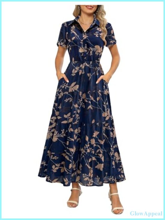 Dresses & Skirts - Collared V Neck Short Sleeve Button Down Chiffon Tiered Floral Maxi Dress with
